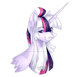 Size: 1280x1280 | Tagged: safe, artist:eyesorefortheblind, oc, oc only, oc:mystic mysteries, alicorn, pony, alicorn oc, bust, deviantart watermark, horn, looking at you, obtrusive watermark, simple background, solo, transparent background, watermark, wings