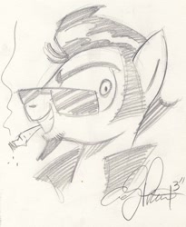 Size: 1024x1249 | Tagged: safe, artist:sketchywolf-13, oc, oc only, oc:sketchy, earth pony, pony, cigarette, clothes, gift art, looking at you, male, monochrome, simple background, smoke, solo, stallion, sunglasses, traditional art, white background