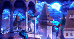 Size: 2015x1054 | Tagged: safe, artist:redchetgreen, oc, oc only, pony, building, full moon, male, moon, sitting, smiling, solo, stallion, stars, telescope