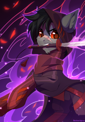 Size: 1200x1710 | Tagged: safe, artist:redchetgreen, oc, oc only, pony, assassin, clothes, male, mouth hold, red eyes, stallion, sword, weapon