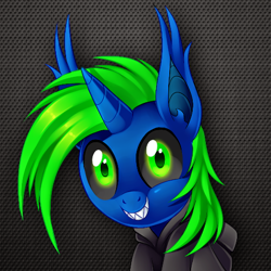 Size: 512x512 | Tagged: artist needed, safe, oc, oc only, bat pony, hybrid, unicorn, bat pony unicorn, bust, clothes, ear fluff, hoodie, horn, sharp teeth, solo, teeth