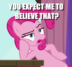 Size: 1120x1038 | Tagged: safe, derpibooru import, edit, edited screencap, screencap, pinkie pie, earth pony, pony, a trivial pursuit, bipedal, bipedal leaning, caption, cropped, image macro, leaning, meme, reaction image, solo, text, unamused