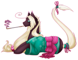 Size: 2784x2154 | Tagged: safe, artist:theblackcatstale, oc, oc only, earth pony, pony, clothes, earth pony oc, eyelashes, eyes closed, female, kimono (clothing), makeup, mare, prone, raised hoof, simple background, smoking, solo, tail wrap, transparent background