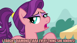 Size: 1280x720 | Tagged: safe, edit, edited screencap, editor:jaredking203, screencap, spoiled rich, earth pony, pony, where the apple lies, caption, eyeshadow, female, image macro, implied diamond tiara, makeup, mare, meme, solo, spoiled milk, text, younger