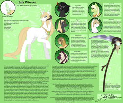 Size: 2683x2235 | Tagged: safe, artist:theblackcatstale, granny smith, oc, oc:diamond tear, oc:july winters, alicorn, demon, demon pony, earth pony, original species, pony, alicorn oc, bust, curved horn, earth pony oc, female, glowing eyes, glowing horn, horn, jewelry, male, mare, necklace, raised hoof, reference sheet, scythe, skull, sombra test, stallion, story included, young granny smith, younger