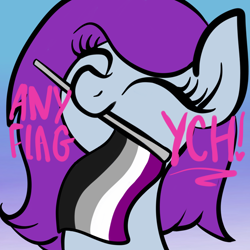 Size: 2100x2100 | Tagged: safe, artist:lannielona, pony, advertisement, asexual, asexual pride flag, bust, commission, eyes closed, female, gradient background, mare, mouth hold, portrait, pride, pride flag, pride month, pride ponies, smiling, solo, your character here