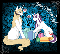 Size: 2581x2323 | Tagged: safe, artist:theblackcatstale, oc, oc only, oc:hawk eye, oc:july winters, demon, demon pony, original species, duo, eye clipping through hair, female, happy birthday, heart, mare, pictogram, sitting