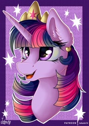 Size: 1600x2264 | Tagged: safe, artist:julunis14, twilight sparkle, twilight sparkle (alicorn), alicorn, pony, bust, crown, ear fluff, female, jewelry, mare, open mouth, portrait, regalia, smiling, solo