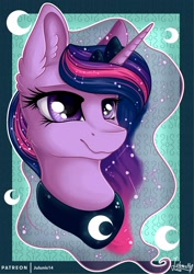 Size: 1600x2263 | Tagged: safe, artist:julunis14, twilight sparkle, twilight sparkle (alicorn), alicorn, pony, accessory swap, alternate hairstyle, bust, constellation, crown, ear fluff, ethereal mane, female, flowing mane, implied princess luna, jewelry, mane swap, mare, peytral, portrait, regalia, smiling, solo