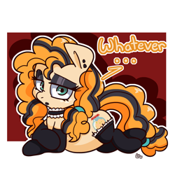 Size: 1500x1500 | Tagged: safe, artist:lou, pear butter, earth pony, pony, ..., clothes, dialogue, ear piercing, eyeshadow, female, goth, highlights, lipstick, makeup, mare, piercing, prone, socks, solo