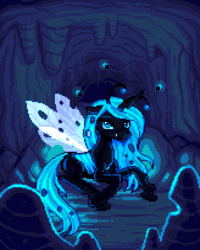 Size: 800x1000 | Tagged: safe, artist:hikkage, oc, oc:queen fylifa, changeling, changeling queen, firefly (insect), insect, animated, blinking, blue changeling, cave, changeling oc, changeling queen oc, commission, glow, glowing mane, looking at you, prone, solo, ych result