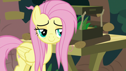 Size: 1920x1080 | Tagged: safe, derpibooru import, screencap, fluttershy, pegasus, pony, she talks to angel, bags under eyes, female, folded wings, lidded eyes, mare, messy mane, messy tail, smiling, solo, tired smile, wings