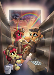 Size: 897x1250 | Tagged: safe, artist:manifest harmony, derpibooru import, apple bloom, applejack, big macintosh, earth pony, pony, series:save the world, alternate timeline, applecalypsejack, bucket, canned food, cart, coronavirus, covid-19, crystal war timeline, female, heart eyes, heart nostrils, male, mare, rag, shelves, sonic rainboom, stallion, wingding eyes