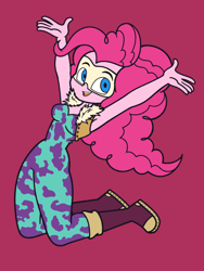 Size: 1650x2200 | Tagged: safe, artist:khuzang, pinkie pie, equestria girls, armpits, boots, clothes, commission, commissioner:imperfectxiii, cosplay, costume, crossover, female, jumping, looking at you, mask, mina ashido, my hero academia, shoes, simple background, smiling, solo, spandex