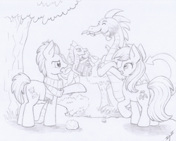 Size: 3050x2445 | Tagged: safe, artist:xeviousgreenii, doctor whooves, roseluck, dragon, pony, apple, atg 2020, food, monochrome, newbie artist training grounds, traditional art, tree