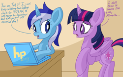 Size: 2400x1500 | Tagged: safe, artist:notadeliciouspotato, minuette, twilight sparkle, twilight sparkle (alicorn), alicorn, pony, unicorn, atg 2020, computer, dialogue, duo, female, folded wings, frown, hpony, laptop computer, looking at each other, mare, newbie artist training grounds, raised hoof, smiling, speech bubble, table, wings