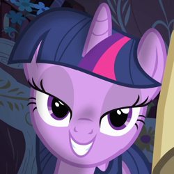 Size: 670x670 | Tagged: safe, screencap, twilight sparkle, unicorn twilight, pony, unicorn, owl's well that ends well, bedroom eyes, cropped, female, golden oaks library, lidded eyes, mare, smiling