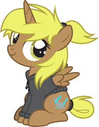 Size: 1589x2042 | Tagged: safe, artist:lightning stripe, derpibooru exclusive, oc, oc:storm cloud, alicorn, pony, brown coat, clothes, commission, cute, cutie mark, female, filly, foal, golden eyes, hoodie, horn, messy mane, ponytail, show accurate, simple background, sitting, solo, tail bun, transparent background, vector, wings, yellow hair, yellow mane