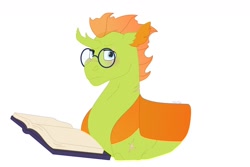 Size: 1280x854 | Tagged: safe, artist:itstechtock, oc, oc:acanthus, changedling, changeling, book, glasses, simple background, solo, white background