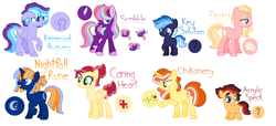 Size: 4720x2156 | Tagged: safe, artist:amazingly-gay-evan, oc, oc only, oc:acrylic speck, oc:caring heart, oc:chikanery, oc:daisy, oc:key solution, oc:nightfall rune, oc:renewal augury, oc:scribble, earth pony, pegasus, pony, unicorn, colt, female, filly, male, mare, next generation, offspring, parent:applejack, parent:big macintosh, parent:flash sentry, parent:flim, parent:fluttershy, parent:quibble pants, parent:rainbow dash, parent:starlight glimmer, parent:sunburst, parent:twilight sparkle, parents:flashlight, parents:flimjack, parents:fluttermac, parents:quibbledash, parents:starburst, simple background, stallion, standardverse, white background