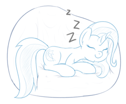 Size: 858x708 | Tagged: safe, artist:djdavid98, derpibooru exclusive, trixie, pony, unicorn, atg 2020, bean bag chair, colored sketch, eyes closed, female, horn, newbie artist training grounds, simple background, sketch, sleeping, solo, white background