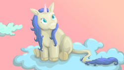 Size: 1920x1080 | Tagged: safe, artist:spawnicorn, oc, oc only, pony, unicorn, cloud, horn, leonine tail, on a cloud, sitting, solo, stuck, unicorn oc