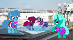 Size: 1440x799 | Tagged: safe, artist:徐詩珮, fizzlepop berrytwist, glitter drops, spring rain, tempest shadow, twilight sparkle, twilight sparkle (alicorn), alicorn, pony, unicorn, series:sprglitemplight diary, series:sprglitemplight life jacket days, series:springshadowdrops diary, series:springshadowdrops life jacket days, alternate universe, bisexual, broken horn, clothes, cute, equestria girls outfit, female, glitterbetes, glitterlight, glittershadow, horn, lesbian, lifeguard, lifeguard spring rain, polyamory, shipping, sprglitemplight, springbetes, springdrops, springlight, springshadow, springshadowdrops, tempestbetes, tempestlight, twiabetes