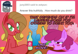 Size: 1148x800 | Tagged: safe, artist:ladyanidraws, berry punch, berryshine, oc, oc:pun, earth pony, pony, ask, ask pun, bottle, female, mare