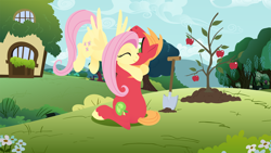 Size: 1920x1080 | Tagged: safe, anonymous artist, derpibooru import, big macintosh, fluttershy, earth pony, pegasus, pony, series:fm holidays, apple, apple tree, eyes closed, female, floating, fluttermac, fluttershy day, fluttershy's cottage, happy, hug, lineless, male, mare, no pupils, sapling, shipping, shovel, smiling, stallion, straight, tree