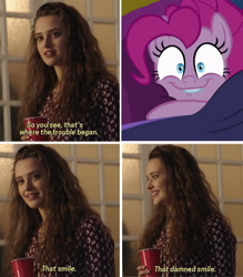 Size: 875x1000 | Tagged: safe, derpibooru import, edit, edited screencap, screencap, pinkie pie, earth pony, pony, spoiler:cakes for the memories, spoiler:mlp friendship is forever, bed, cakes for the memories, meme, that damn smile meme