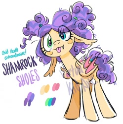 Size: 1080x1084 | Tagged: safe, artist:virtualkidavenue, oc, oc only, oc:shamrock sholes, bat pony, pony, adoptable, bat pony oc, bat wings, eye clipping through hair, fangs, floppy ears, heterochromia, solo, tongue out, watermark, wings