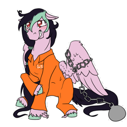 Size: 1028x1030 | Tagged: safe, artist:awesomewaffle11, oc, oc only, oc:galactic lights, pegasus, ball and chain, chained, chains, clothes, grin, nervous, nervous grin, prison outfit, prisoner, simple background, smiling, solo, transparent background, wings