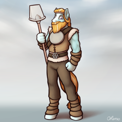 Size: 2000x2000 | Tagged: safe, artist:ohemo, rockhoof, anthro, earth pony, unguligrade anthro, atg 2020, looking at you, male, newbie artist training grounds, rockhoof's shovel, shovel, solo