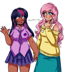 Size: 1280x1412 | Tagged: safe, artist:mylittleyuri, artist:twi-shys, fluttershy, twilight sparkle, human, bisexual pride flag, blushing, clothes, dark skin, female, holding hands, humanized, lesbian, light skin, necktie, pin, pride, pride flag, shipping, simple background, skirt, sweater, sweatershy, transgender pride flag, twishy, white background