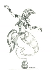 Size: 1000x1399 | Tagged: safe, artist:baron engel, zecora, anthro, zebra, absolute cleavage, breasts, cleavage, ear piercing, earring, female, genie, geniefied, grayscale, jewelry, magic lamp, mare, monochrome, pencil drawing, piercing, ring, simple background, solo, traditional art, white background, ze-bra buster