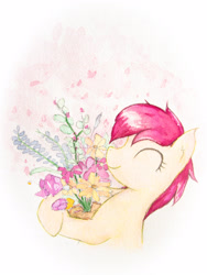 Size: 3024x4032 | Tagged: safe, artist:papersurgery, roseluck, earth pony, pony, bust, eyes closed, female, flower, happy, mare, smiling, solo, traditional art, watercolor painting
