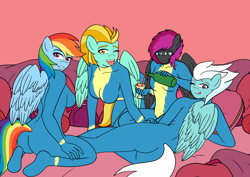 Size: 1754x1240 | Tagged: safe, artist:linedraweer, derpibooru import, fleetfoot, lightning dust, rainbow dash, oc, oc:neon flare, anthro, alcohol, ass, bedroom eyes, breasts, butt, clothes, commission, female, harem, lidded eyes, looking at you, looking back, looking back at you, looking over shoulder, one eye closed, open mouth, sideboob, tongue out, uniform, wine, wings, wink, winking at you, wonderbolts uniform