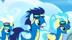 Size: 1280x720 | Tagged: safe, screencap, fleetfoot, misty fly, soarin', pegasus, pony, newbie dash, clothes, female, goggles, male, stallion, uniform, wonderbolts, wonderbolts uniform