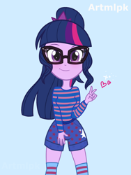 Size: 1536x2048 | Tagged: safe, artist:artmlpk, sci-twi, twilight sparkle, equestria girls, adorable face, adorkable, alternate design, blue background, blushing, clothes, cute, digital art, dork, looking at you, peace sign, ponytail, shorts, simple background, smiling, smiling at you, solo, twiabetes, vector