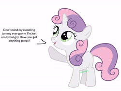 Size: 7500x5625 | Tagged: safe, artist:darkyboode32, sweetie belle, pony, unicorn, cute, darkyboode32 is not trying to murder anyone, diasweetes, happy, hungry, solo, speech, stomach growl, stomach noise, text