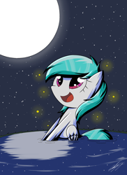 Size: 1586x2176 | Tagged: safe, artist:therandomjoyrider, oc, oc:cotton heart, firefly (insect), insect, pegasus, cute, lake, moon, night, pegasus oc, stars, water, wings