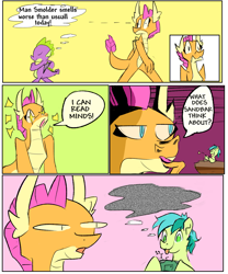 Size: 2499x3003 | Tagged: safe, artist:skunkstripe, sandbar, smolder, spike, dragon, earth pony, comic, dialogue, mind reading, static, thought bubble, word bubble