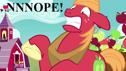 Size: 1280x720 | Tagged: safe, edit, edited screencap, screencap, big macintosh, earth pony, pony, on your marks, apple, apple cart, barn, faic, floppy ears, food, horse collar, male, nope, reaction image, solo, speech, stallion, sweet apple acres, talking, unshorn fetlocks