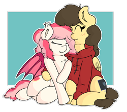 Size: 1821x1613 | Tagged: safe, artist:retro_hearts, oc, oc only, oc:blood moon, oc:retro hearts, bat pony, pegasus, pony, bat pony oc, bat wings, chest fluff, clothes, cuddling, cute, eyes closed, female, hoodie, mare, oc x oc, shipping, simple background, transparent background, wings