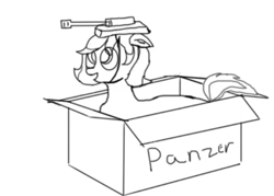 Size: 2048x1470 | Tagged: safe, oc, oc:maus, earth pony, pony, box, earth pony oc, female, headcannon, lineart, mare, monochrome, pony in a box, solo, tank (vehicle)