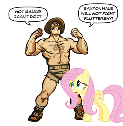 Size: 798x816 | Tagged: safe, derpibooru import, edit, fluttershy, human, pegasus, pony, boots, chest hair, clothes, facial hair, female, hat, human male, male, moustache, refusal, saxton hale, shoes, shorts, simple background, team fortress 2, text bubbles