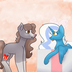 Size: 1499x1499 | Tagged: safe, artist:a-generic-artist-lol, oc, oc:autumn fall, oc:fleurbelle, alicorn, :p, alicorn oc, bow, box, female, golden eyes, hair bow, horn, mare, present, suprised look, tongue out, wings