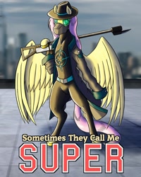 Size: 1024x1280 | Tagged: safe, artist:korencz11, derpibooru import, fluttershy, pegasus, pony, fanfic:sometimes they call me super, clothes, coat, fanfic, fanfic art, fanfic cover, gun, hat, mask, rifle, solo, super suit, superhero, weapon