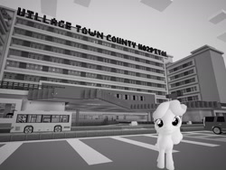 Size: 2048x1536 | Tagged: safe, artist:topsangtheman, linky, shoeshine, earth pony, pony, topsangtheman's minecraft server, 3d, bus, cadillac, grayscale, hospital, looking at you, minecraft, monochrome, source filmmaker