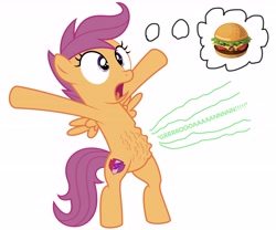 Size: 6764x5625 | Tagged: safe, artist:darkyboode32, artist:deadparrot22, scootaloo, pegasus, pony, arms in the air, bipedal, burger, cutie mark, famine, female, filly, food, hungry, onomatopoeia, open mouth, ripple, ripples, shocked, simple background, solo, standing, starving, stomach growl, stomach noise, text, the cmc's cutie marks, thinking, thought bubble, tongue out, white background